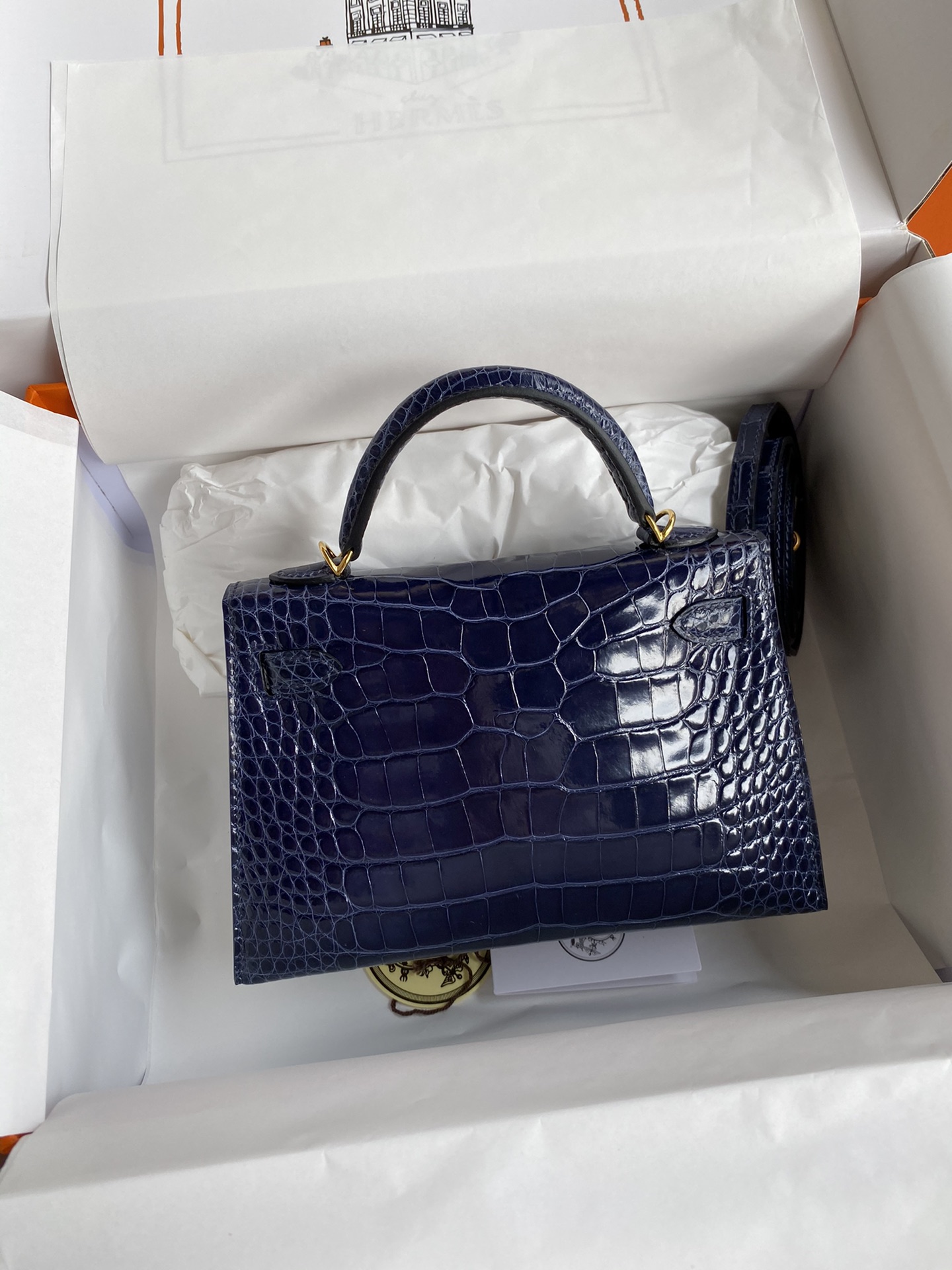 Hermes Kelly Mini II Bag 19CM In Blue Sapphire Shiny Alligator Leather